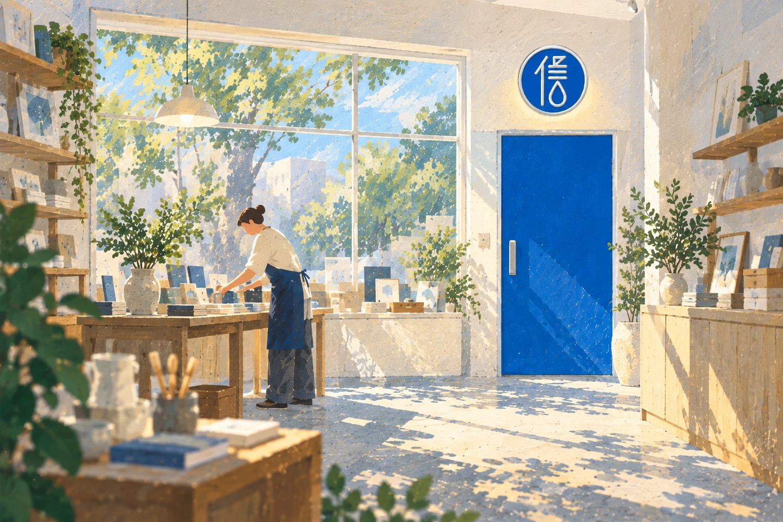 重新改裝的店面裡，藍白色、自然光與一致的櫃體形成共同語言。