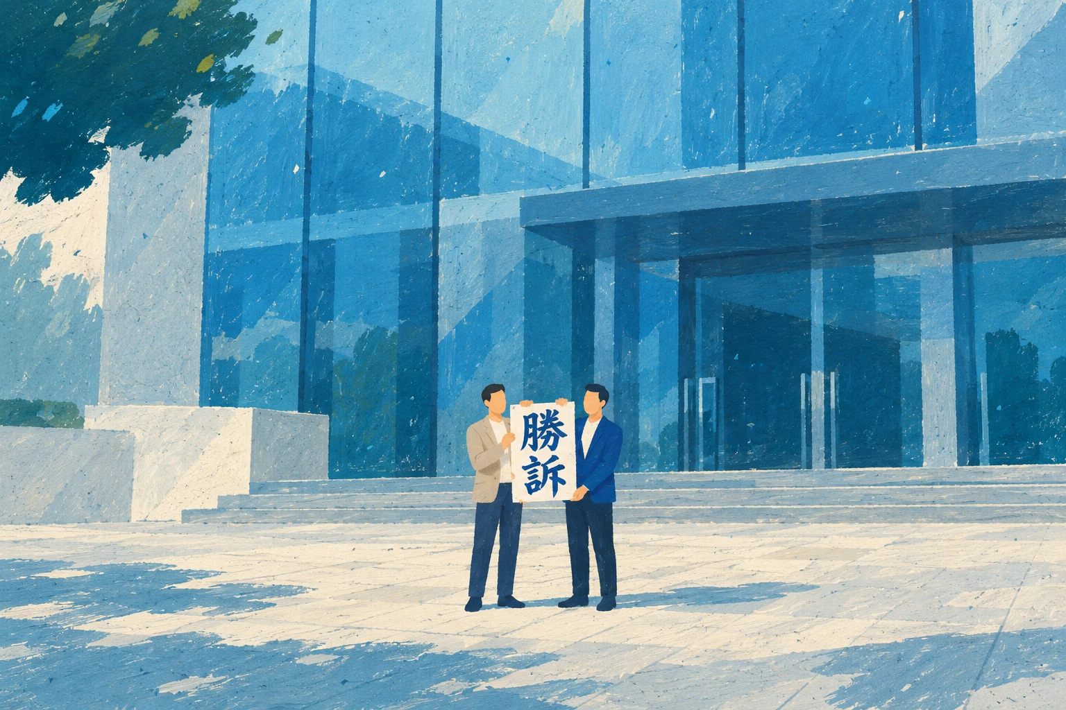 兩個簡化人物在現代玻璃門面法院前,共同拿著勝訴牌。