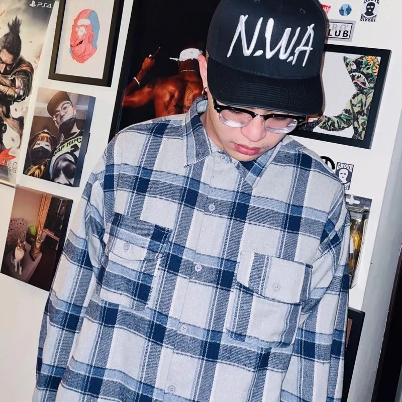 〔GroveStreet〕 重磅格紋襯衫 Chicano Plaid Shirt 西岸風格 灰藍色 長袖襯衫