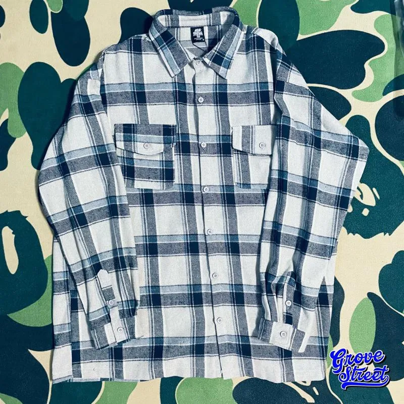 〔GroveStreet〕 重磅格紋襯衫 Chicano Plaid Shirt 西岸風格 灰藍色 長袖襯衫