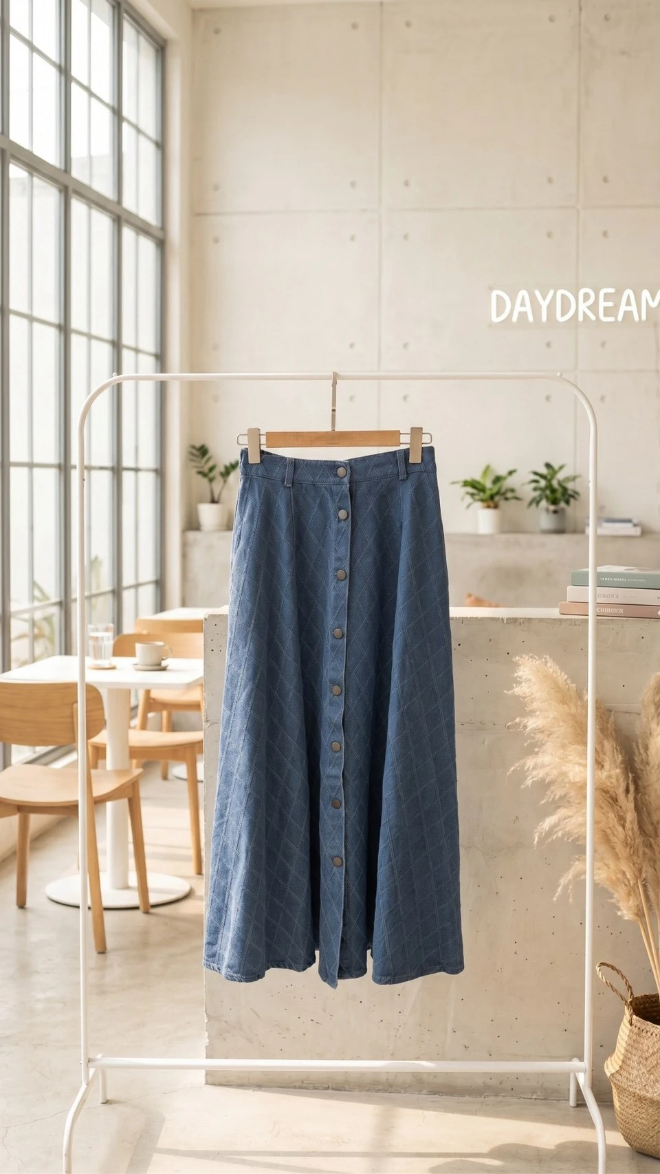 全開釦菱格牛仔長裙 5201W