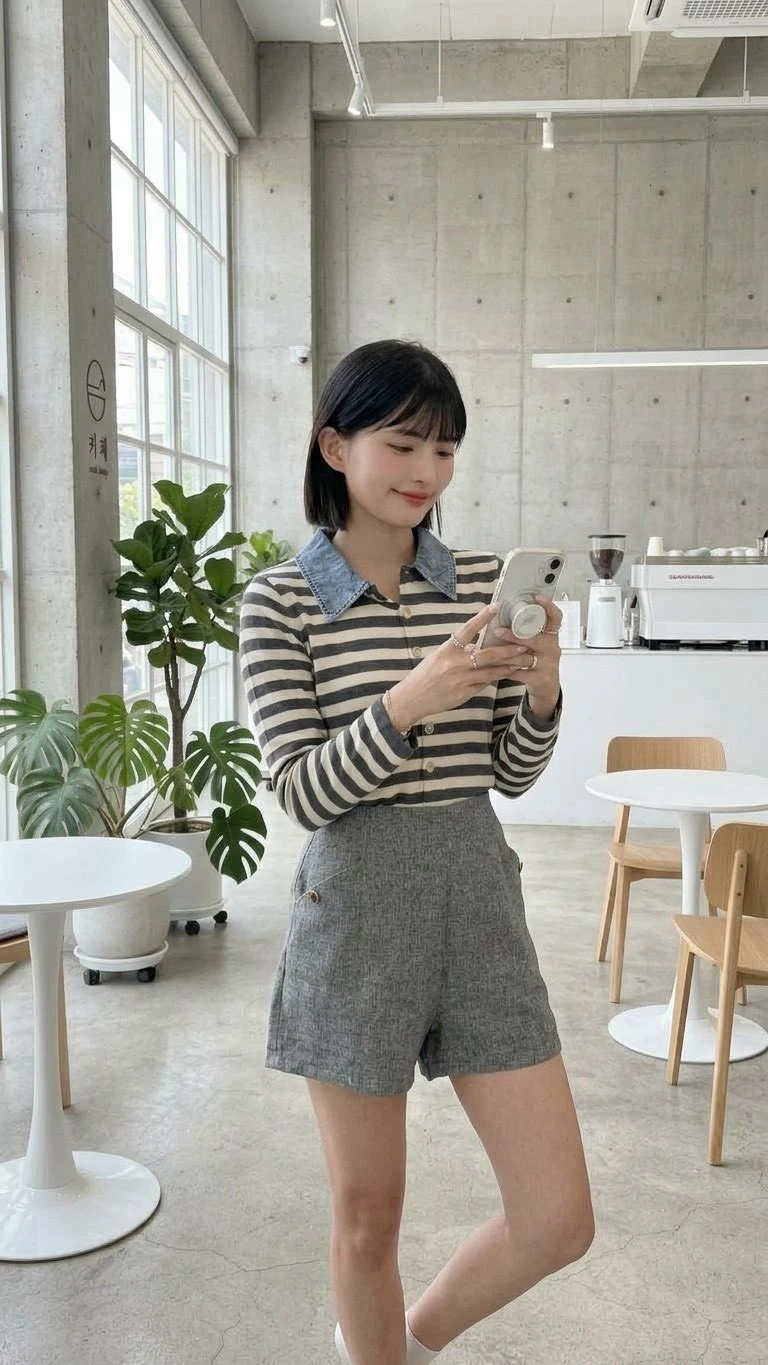 牛仔領開釦橫條針織 767D