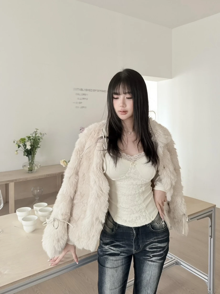 (Krystal團購)蝴蝶結毛毛皮草外套（加羽絨）_杏