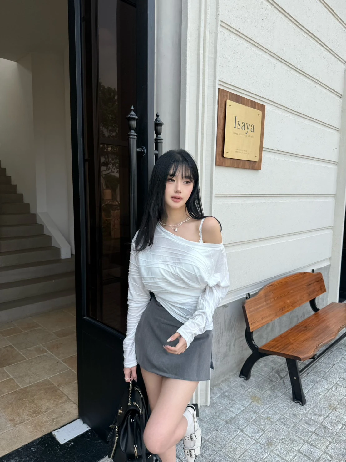 (Krystal團購)西裝面料韓式微A字裙（附皮帶）_黑/灰/白