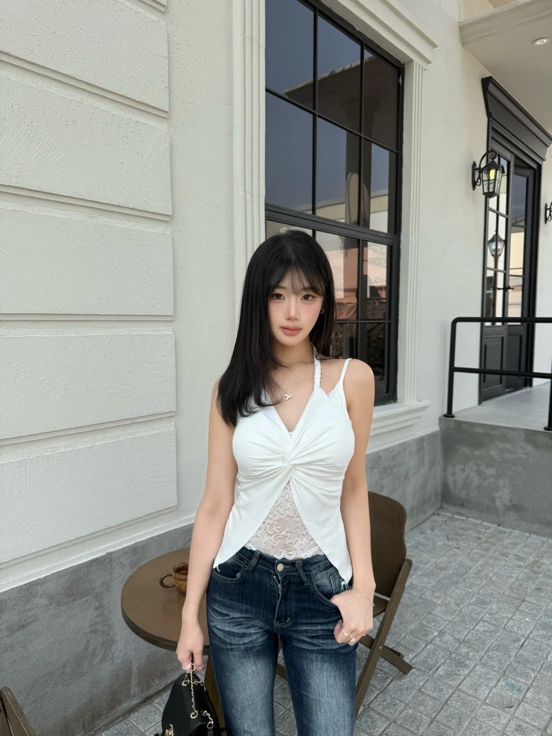 (Krystal團購)蕾絲蝴蝶結兩件式自帶胸墊背心_白色