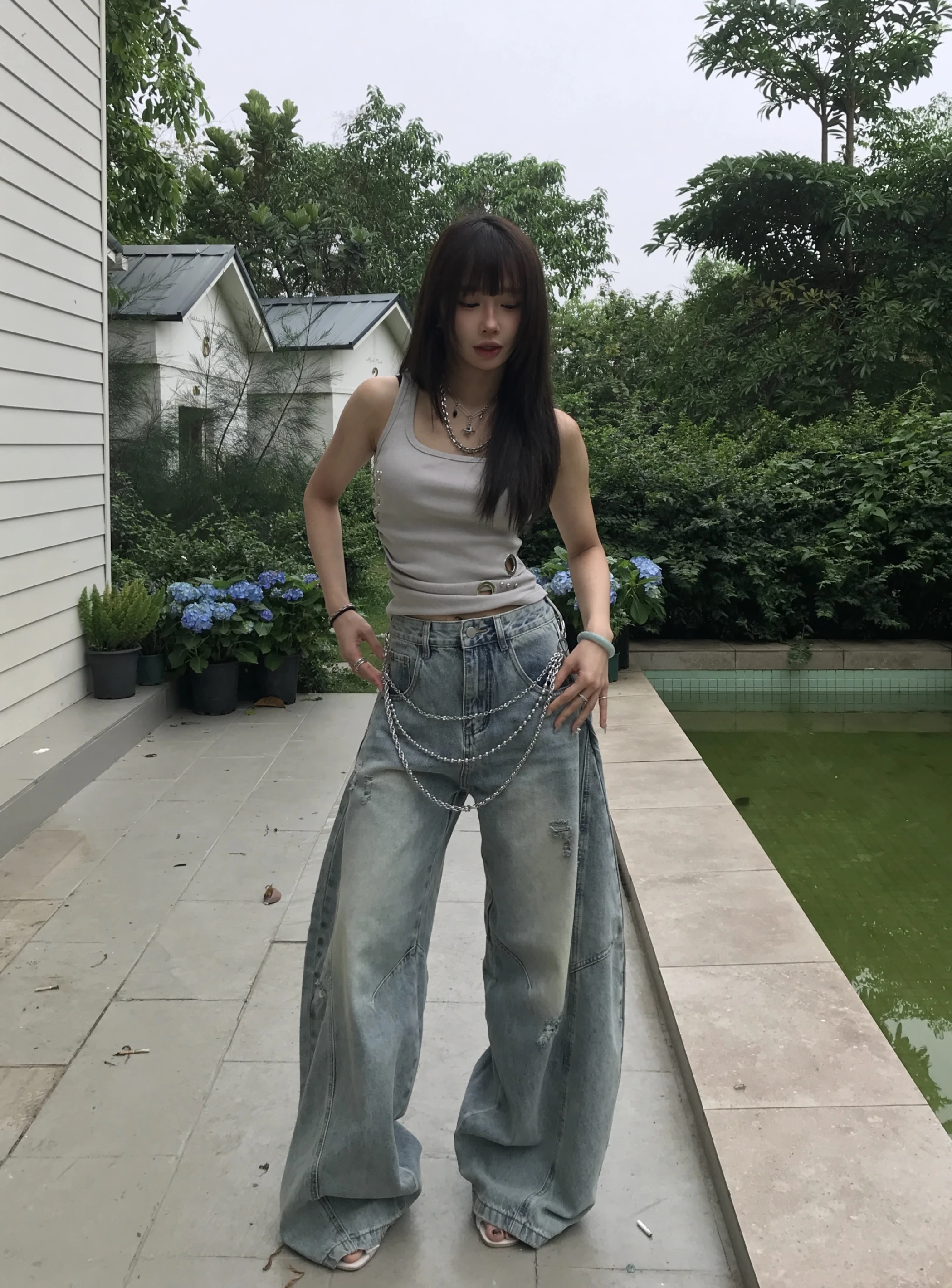 (紫庭團購)美式街頭 超時髦彎刀褲_淺藍