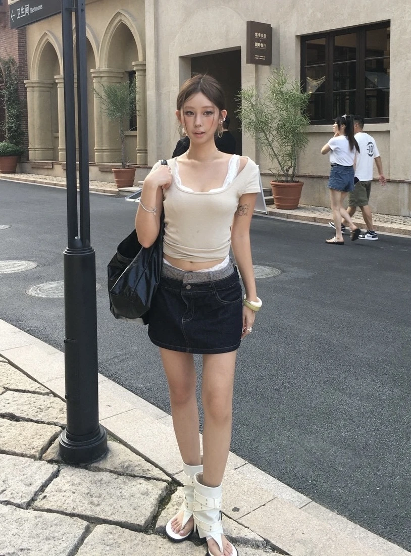 現貨(珍妮團購)假兩件圖騰低腰牛仔短裙