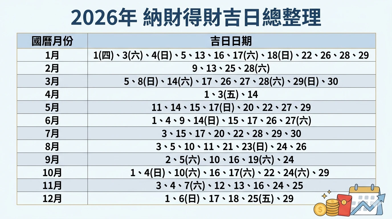 2026 納財得財吉日總整理 圖表