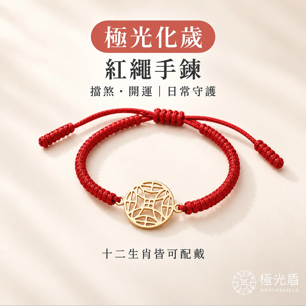 極光化歲紅繩手鍊｜手工編織・十二生肖男女皆宜・極光盾圖騰