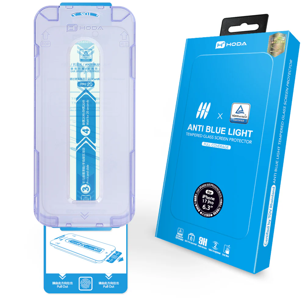 抗藍光玻璃保護貼 iPhone 17 / Air / 16 系列 附無塵太空艙貼膜神器 (德國萊因TÜV RPF20認證) | HODA®