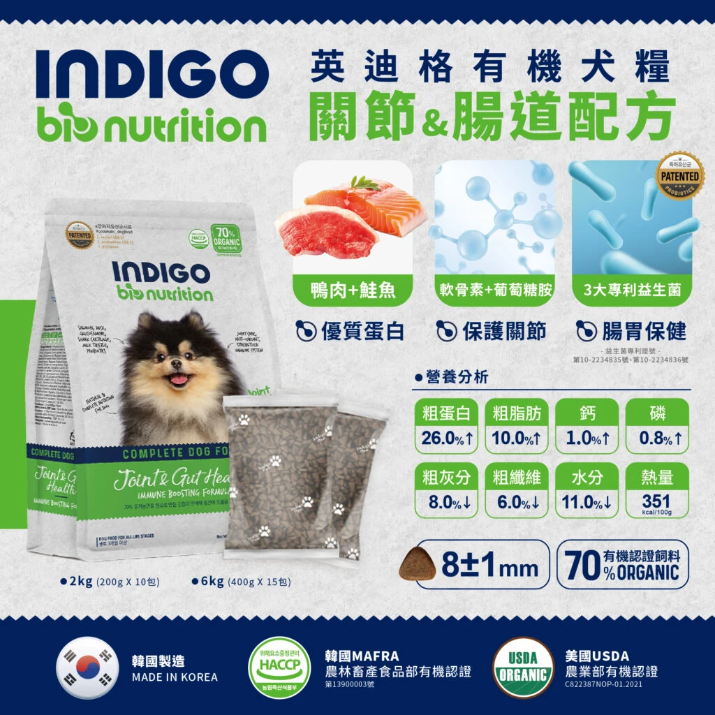 INDIGO 英迪格機能有機飼料 關節&腸道配方 犬用 2/6KG