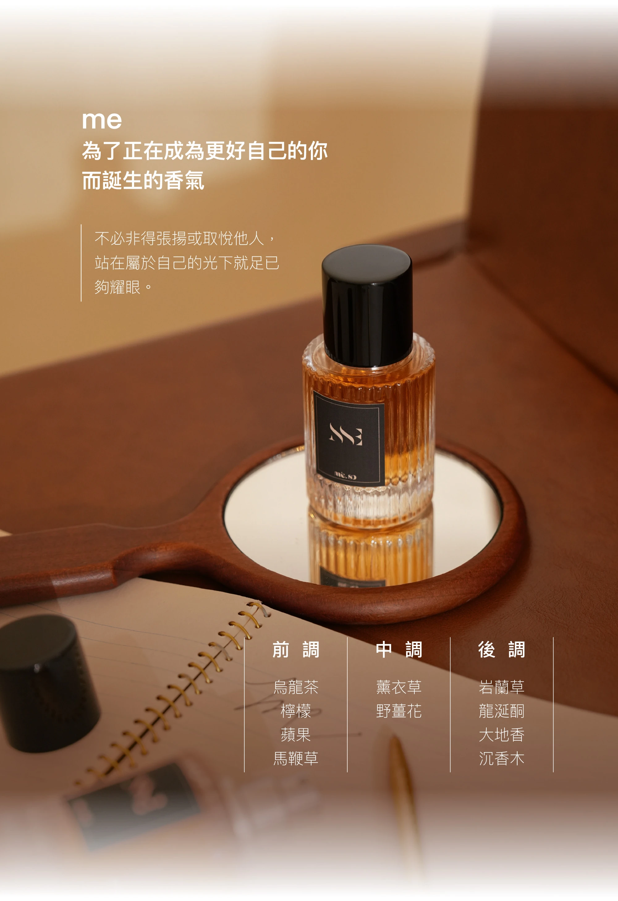 mé.SC 經典淡香水展示與香調表：包含前調烏龍茶與檸檬、中調薰衣草、後調沉香木與岩蘭草，展現精品級 MIT 調香工藝。