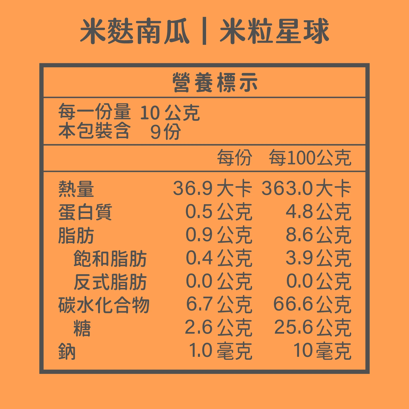 米粒星球 米麸南瓜 營養標示