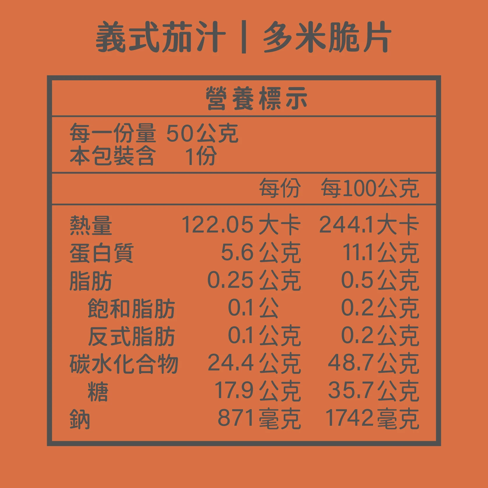 多米脆片 義式茄汁 營養標示