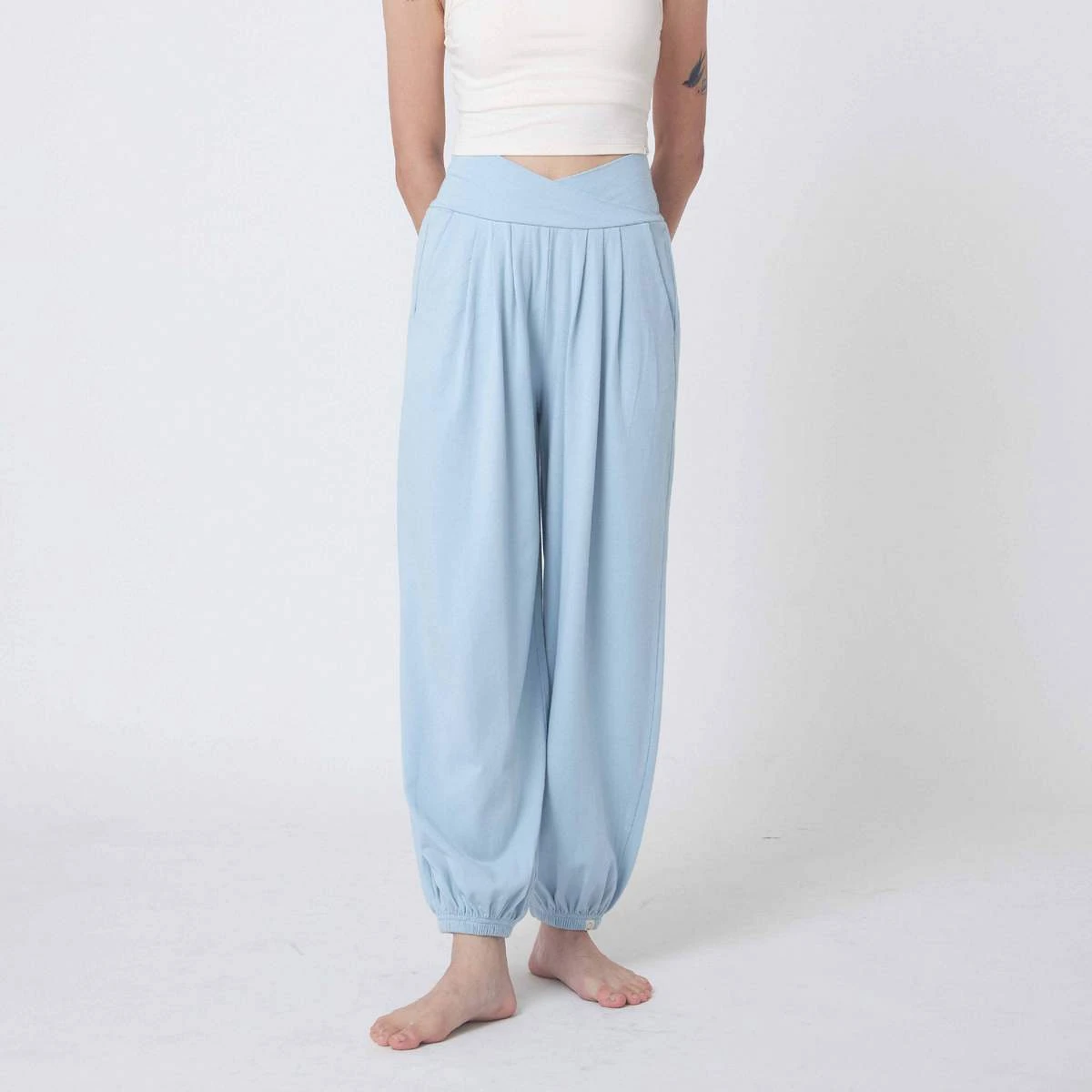 Happy yogi studio 瑜珈雙腰帶束腳寬褲 天空藍
