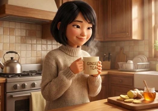 廚房場景插畫:一名女子微笑捧著冒著熱氣、寫有「GINGER TEA」的馬克杯,桌上有生薑與蜂蜜。代表攝取辛香料等暖身食材,有助於從體內提升代謝與產熱效應。