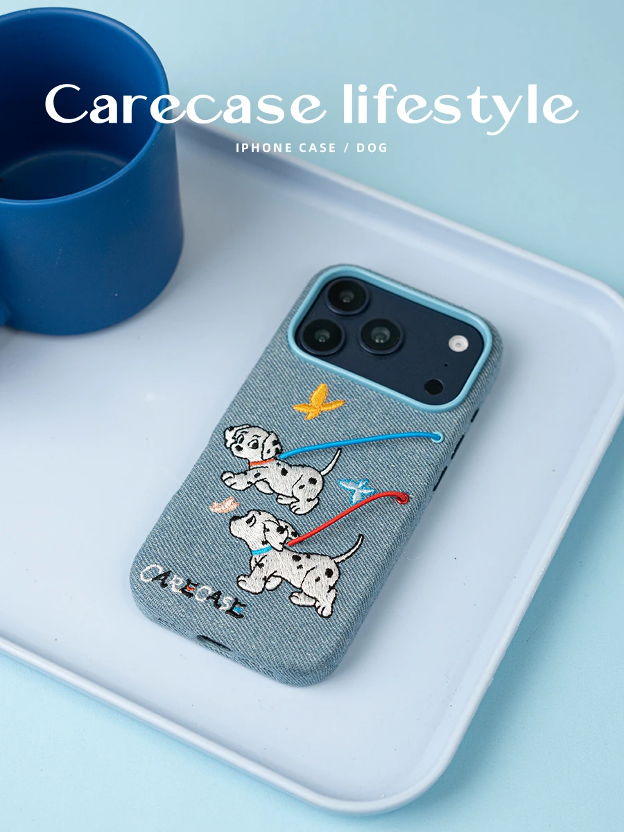 刺繡斑點狗散步牛仔 iPhone 手機殼