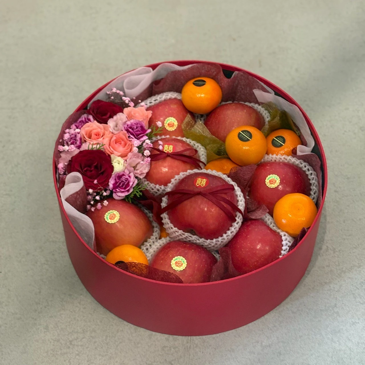 花藝水果圓形大禮盒(紅色系)