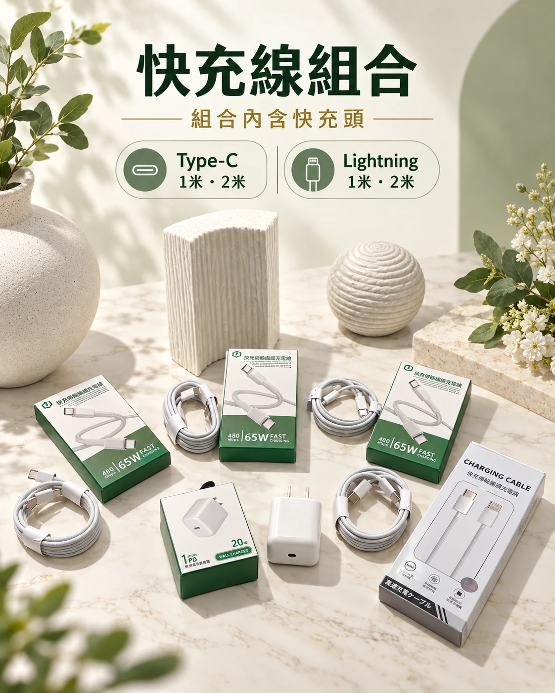 65W 炫彩白色編織組⚡快充頭＋快充線一次配好