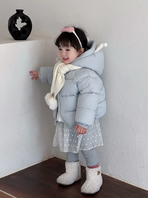 韓國冬季女童羽絨棉衣加圍巾