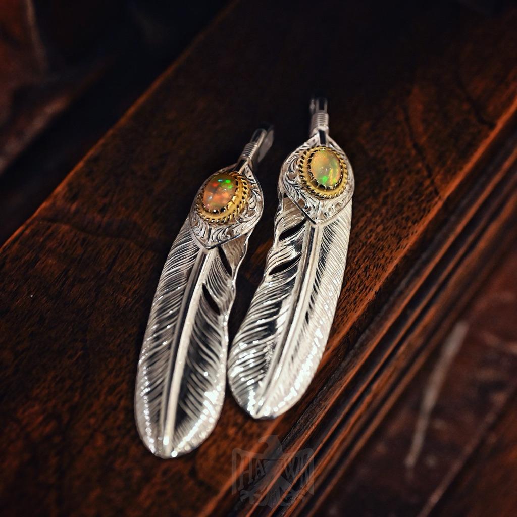 【HawK Vintage】日本手造 La Key 木賀しん 唐草 上銀 金繩 蛋白石 Opal 羽毛 XL 項鍊 吊墜