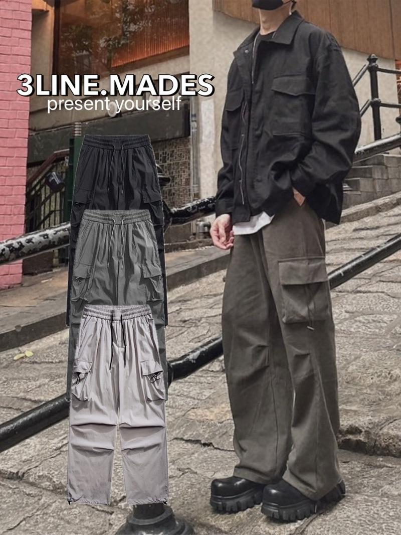 ■3LINE.S售完不補■自訂款 闊腿褲 傘兵褲 工裝褲 純棉 打摺褲 寬褲 休閒長褲 長褲(K1192)