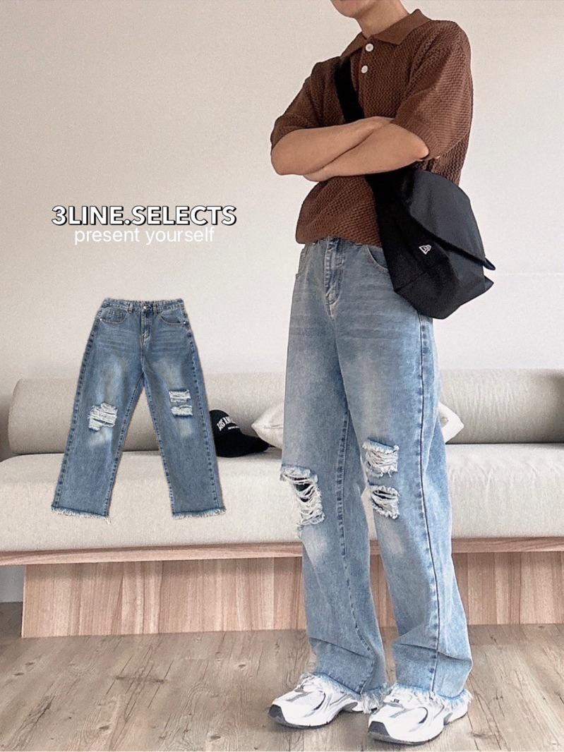 ■3LINE.S■Baggy jeans 貓鬚破壞毛邊牛仔褲 寬鬆闊腿版型 長褲 中性風 男女不拘(N613)