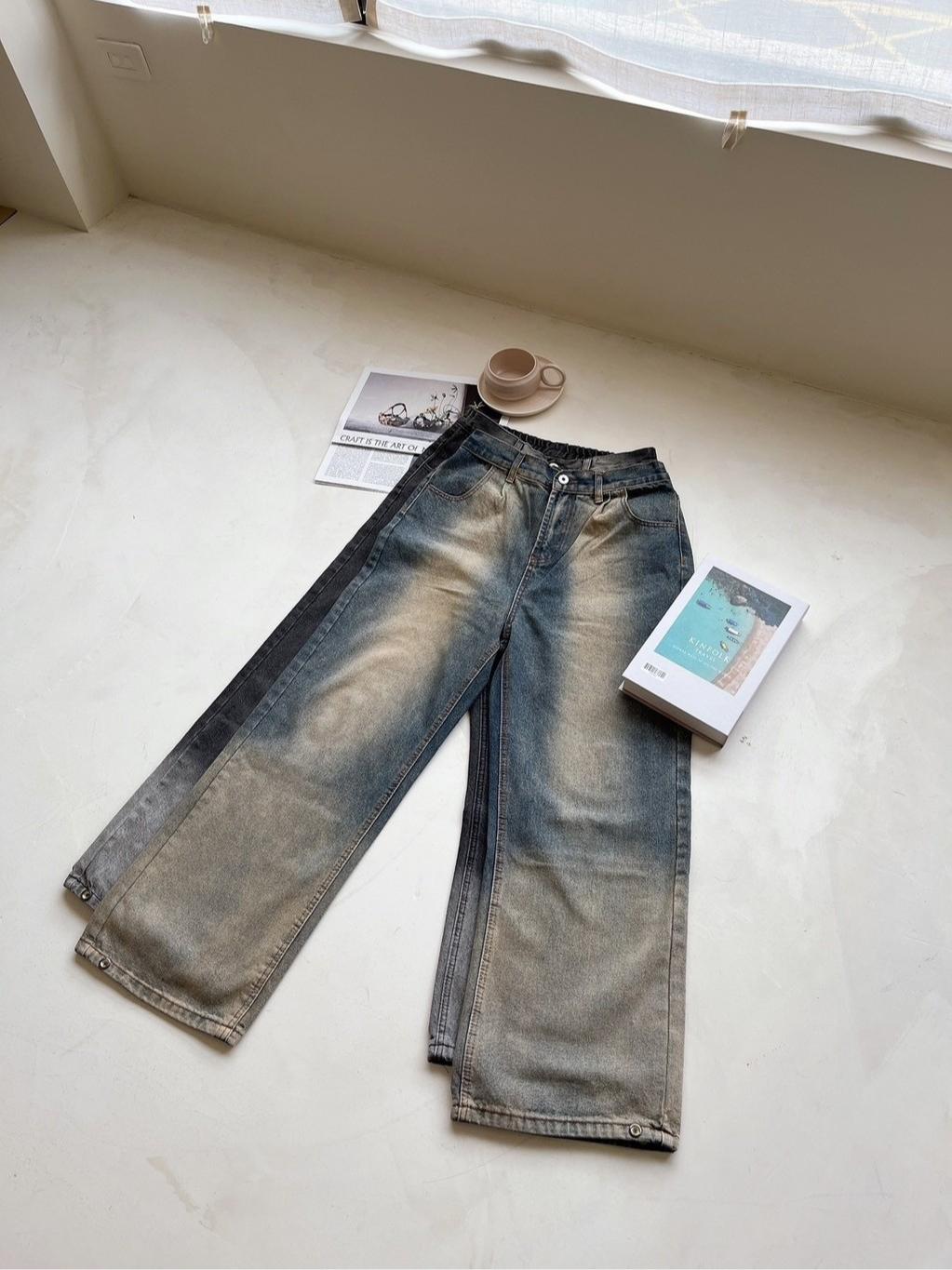 ■3LINE.S■高質量 BAGGYJEANS 牛仔褲 落地設計 漸層刷色 寬鬆版型 後鬆緊 情侶款(D713)