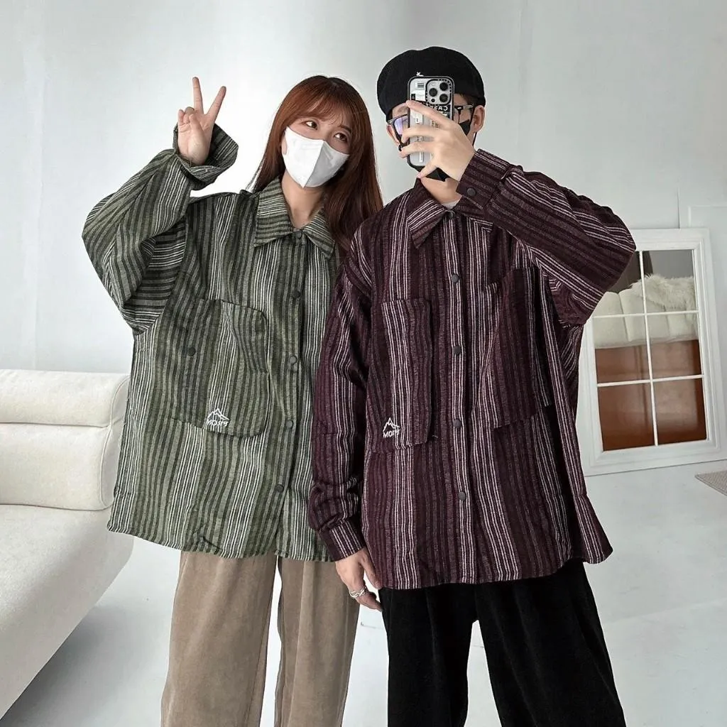 ■3LINE.S賠本出清■復古襯衫 日系襯衫 條紋襯衫 情侶襯衫 寬鬆版型 直條紋 口袋 襯衫 男女不拘