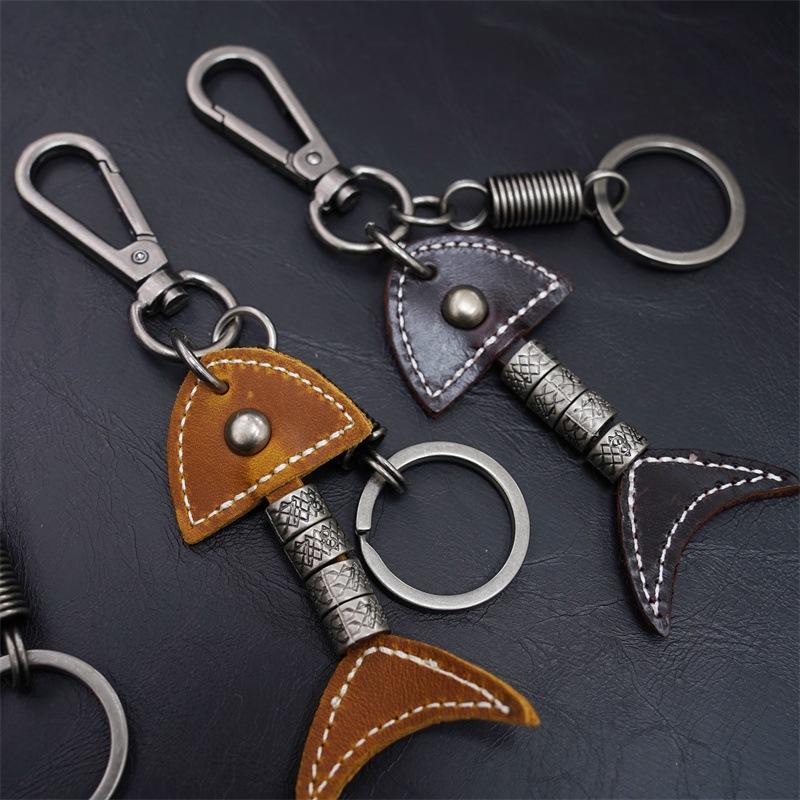 ■3LINE.S■日系復古VINTAGE頭層牛皮魚造型鑰匙扣