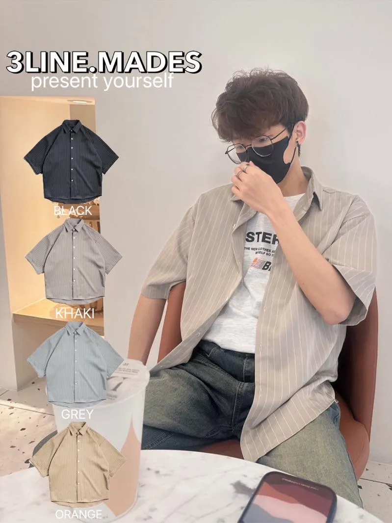 ■3LINE.S賠本出清■韓國 古著 直條紋 短襯 條紋襯衫 寬鬆版型 男女不拘（33004）
