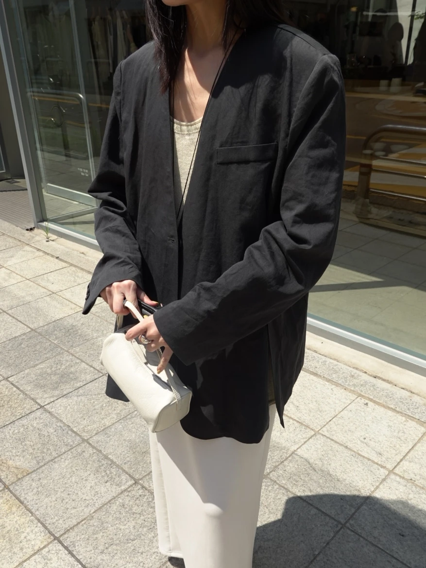 (現貨)亞麻無領設計西外