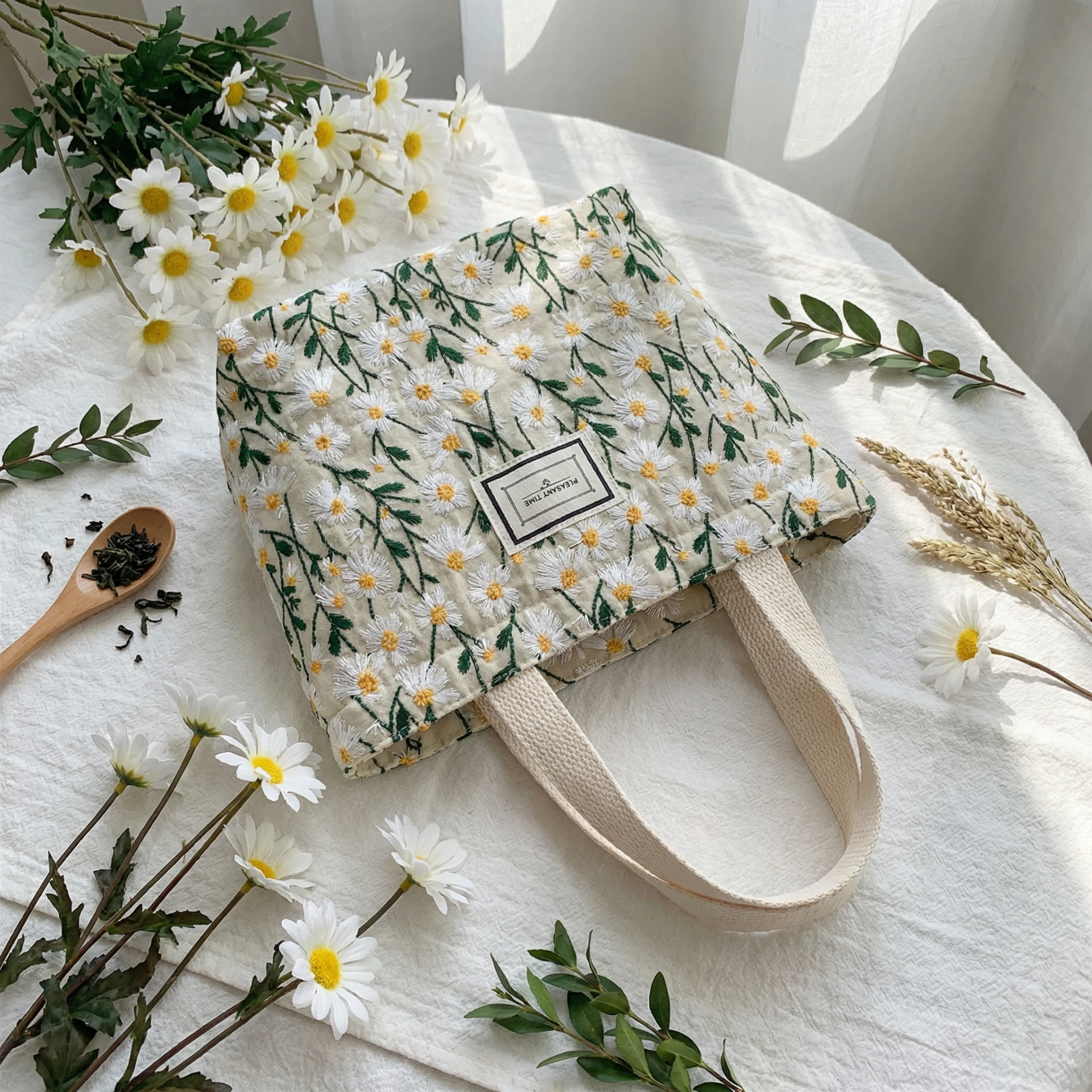 雛菊刺繡手提小包