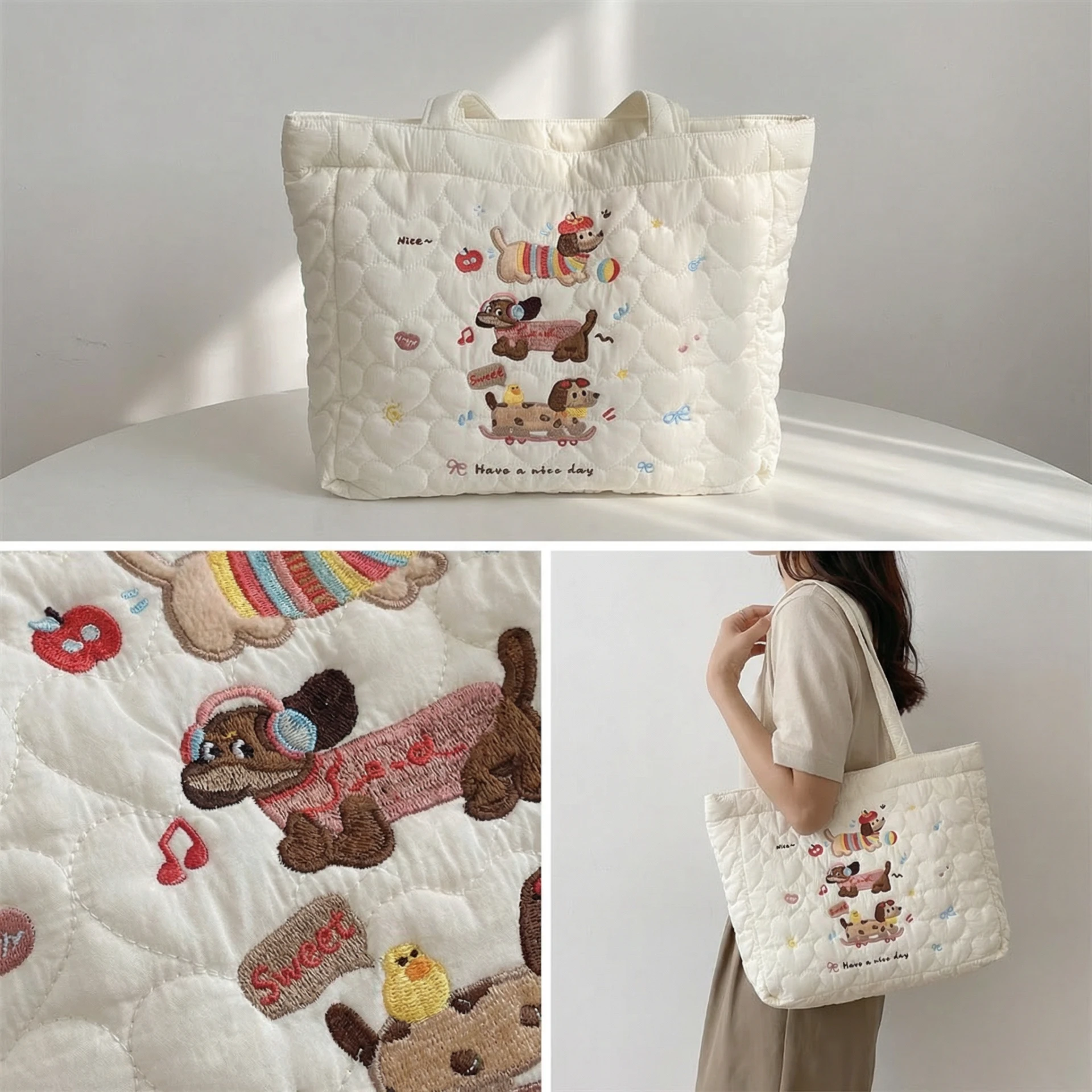 日雜棉格刺繡手提包