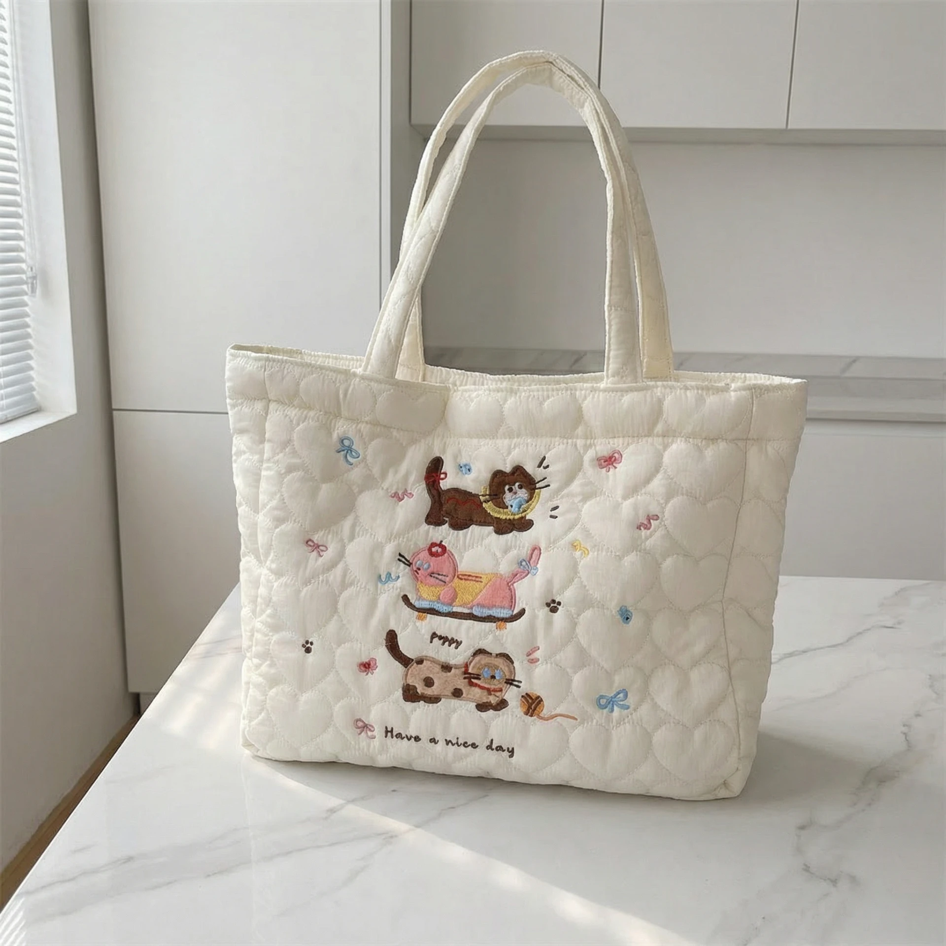 日雜棉格刺繡手提包