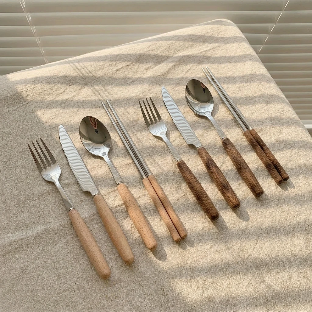木質不鏽鋼餐具四件組