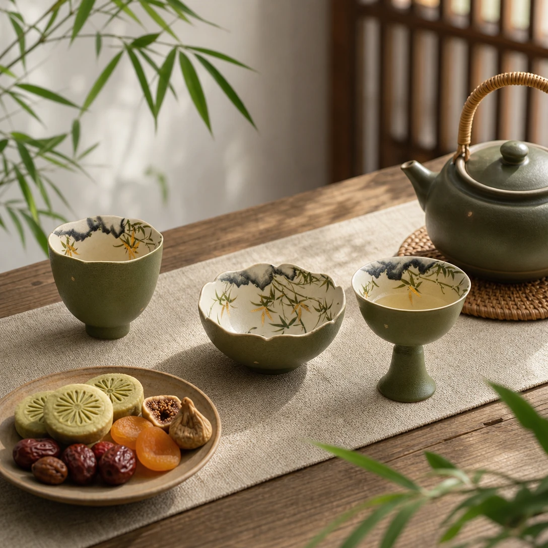 墨綠翠竹粗紋陶瓷茶杯
