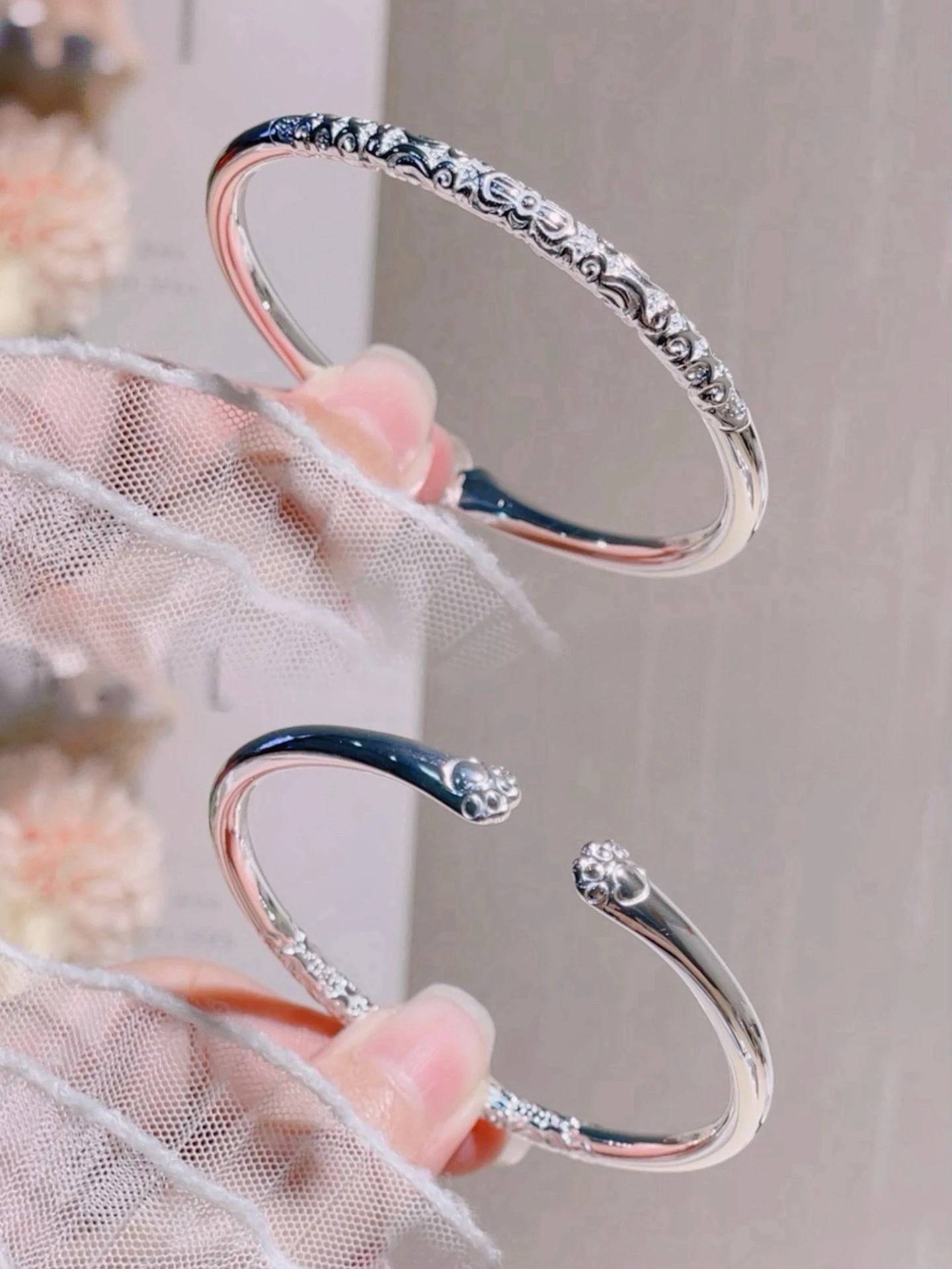 S-貓掌捲草紋開口鐲