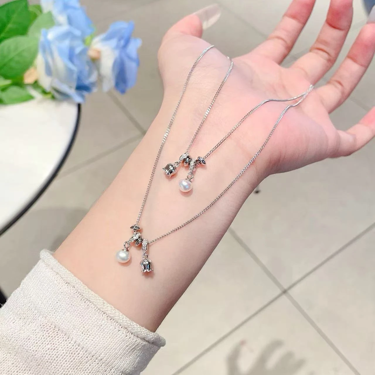 S925銀-珍珠花花套鍊