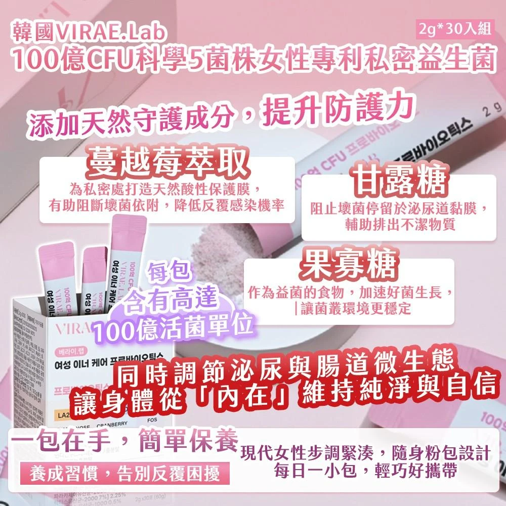 韓國製造 VIRAE.Lab 100億CFU 女性專利私密益生菌2g × 30入