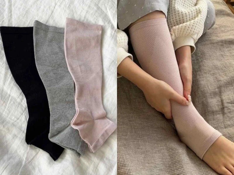日本MUJI無印良品限定⭐女款機能無趾美腿壓力高筒襪🧦（粉/灰）