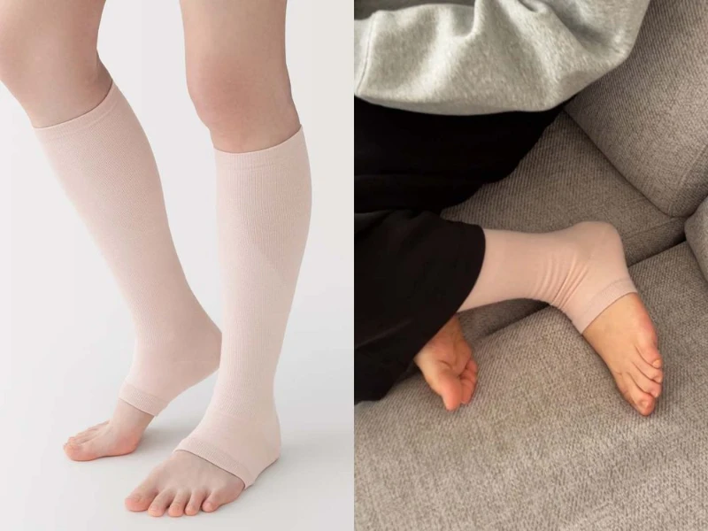 日本MUJI無印良品限定⭐女款機能無趾美腿壓力高筒襪🧦（粉/灰）