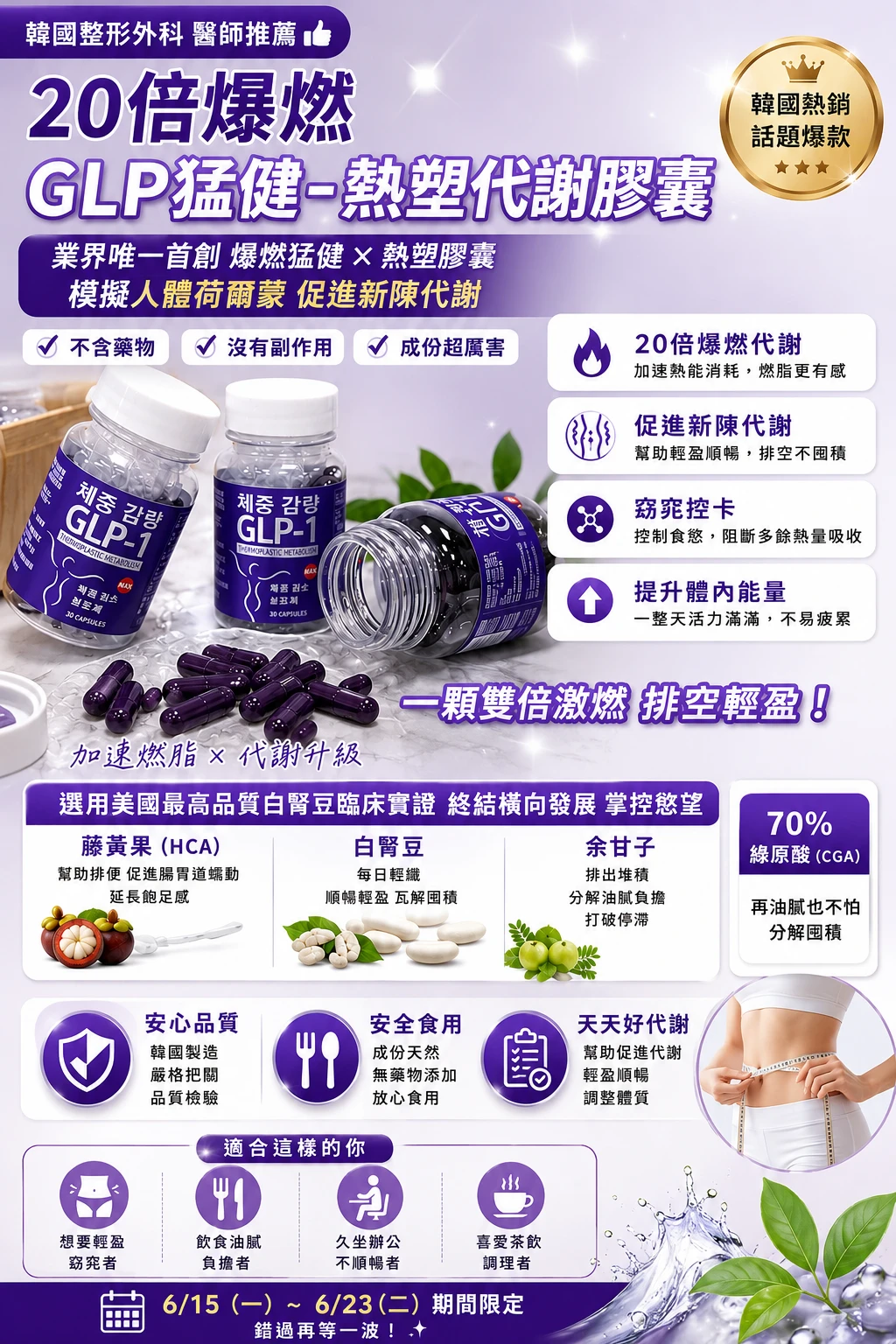 現貨  韓國整形外科 체중 감량｜20倍爆燃 GLP猛健-熱塑代謝膠囊502mgx30顆組