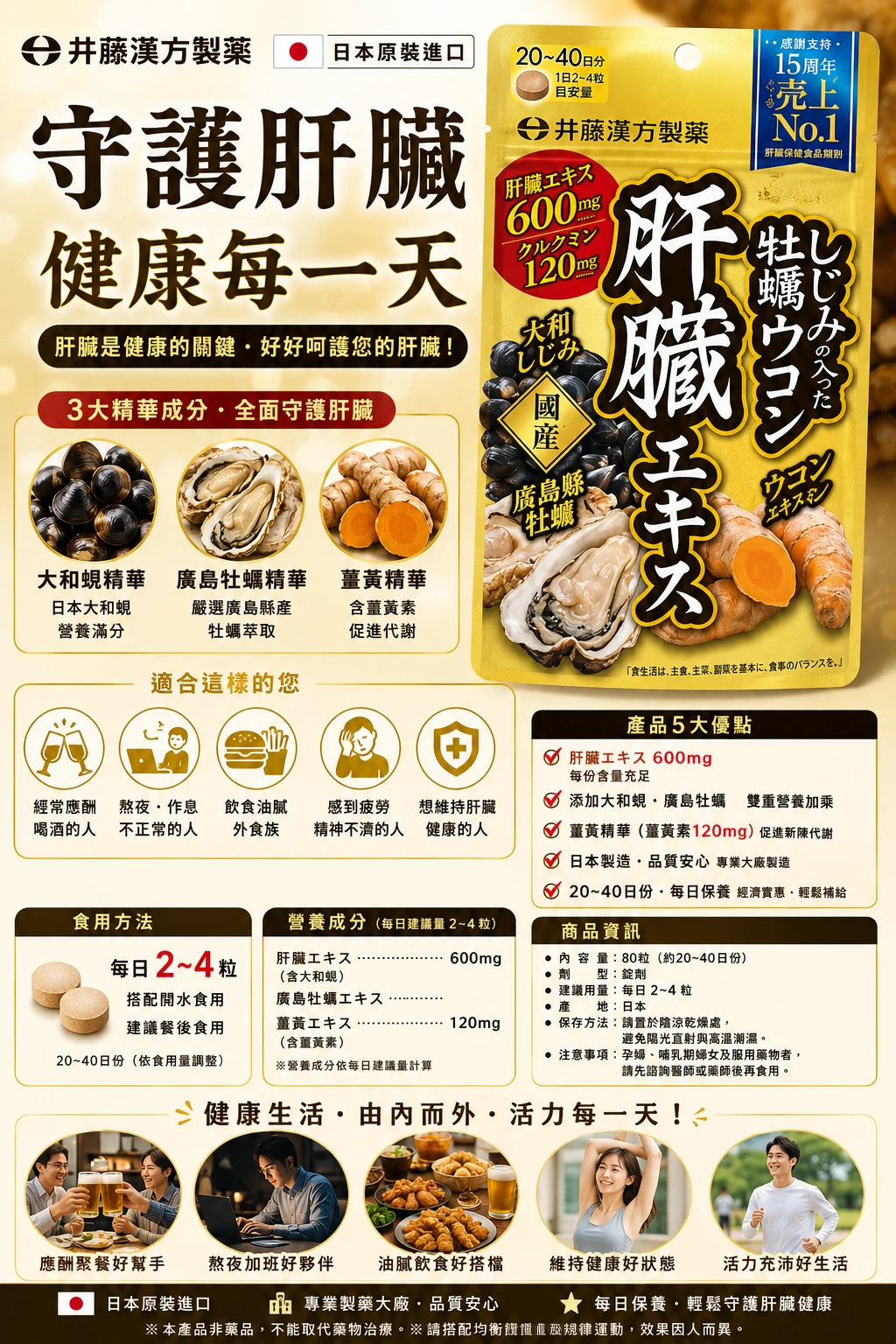 現貨 井藤漢方 含蜆 牡蠣 薑黃 鳥氨酸 肝臟 萃取物 護肝錠 120粒/包