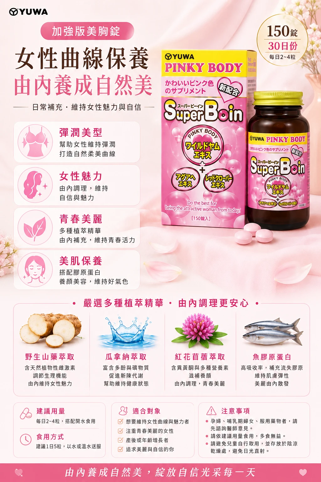 預購  YUWA Pinky Body 加強版 Super Boin美胸錠150錠 30日