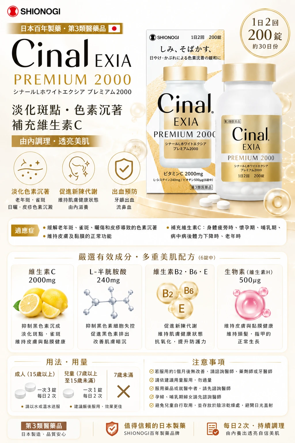 現貨 塩野義 Cinal L White EXIA Premium 2000 淡斑錠 200錠