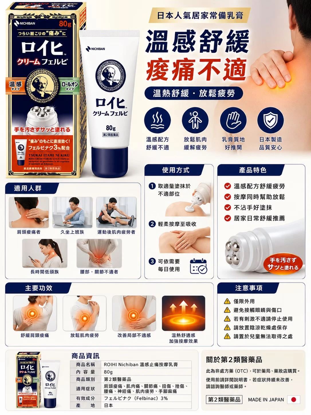 現貨 日本 NICHIBAN ROIHI TSUBKO 温感痠痛乳膏 滾珠型 80g