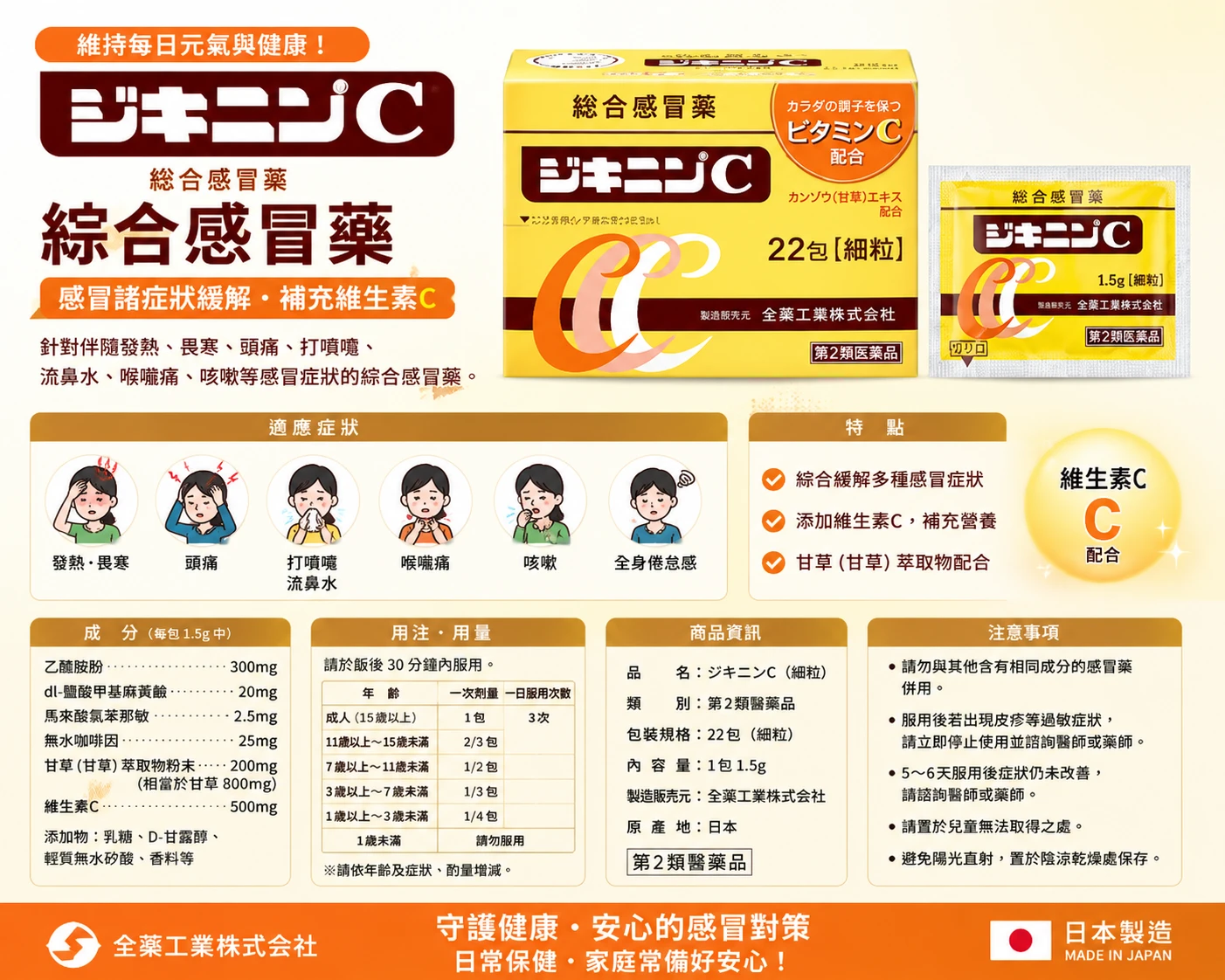 現貨 全藥工業全藥工業 新止克寧+C 綜合感冒藥顆粒 22包/盒