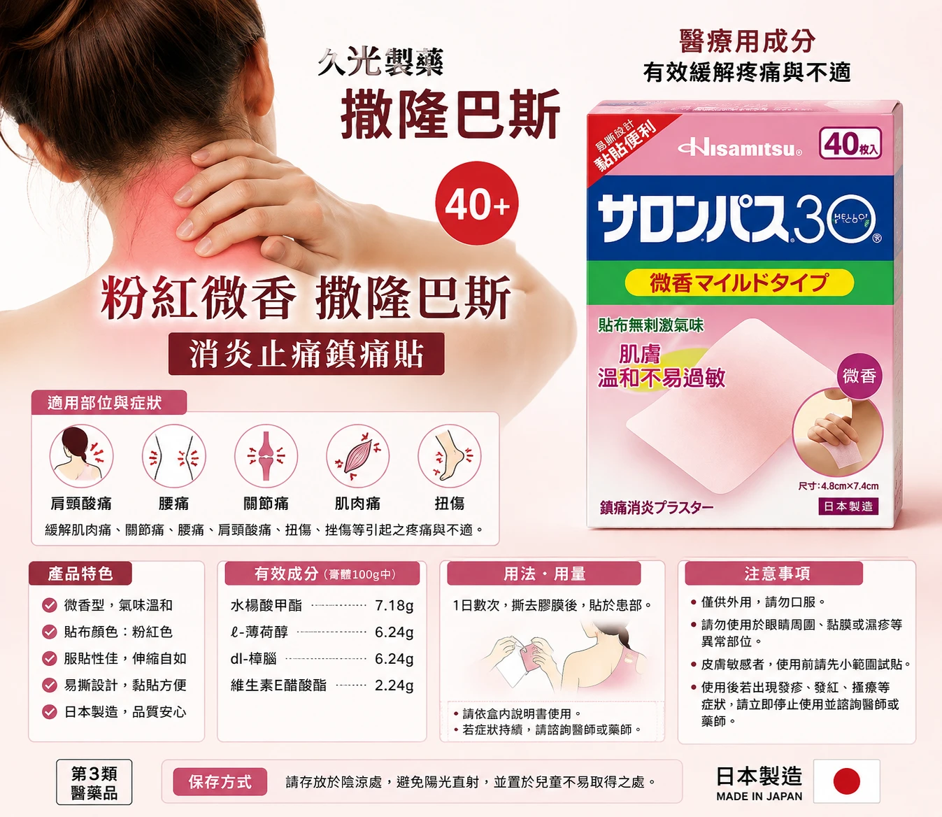 預購 久光粉紅微香撒隆巴斯消炎止痛鎮痛貼40片