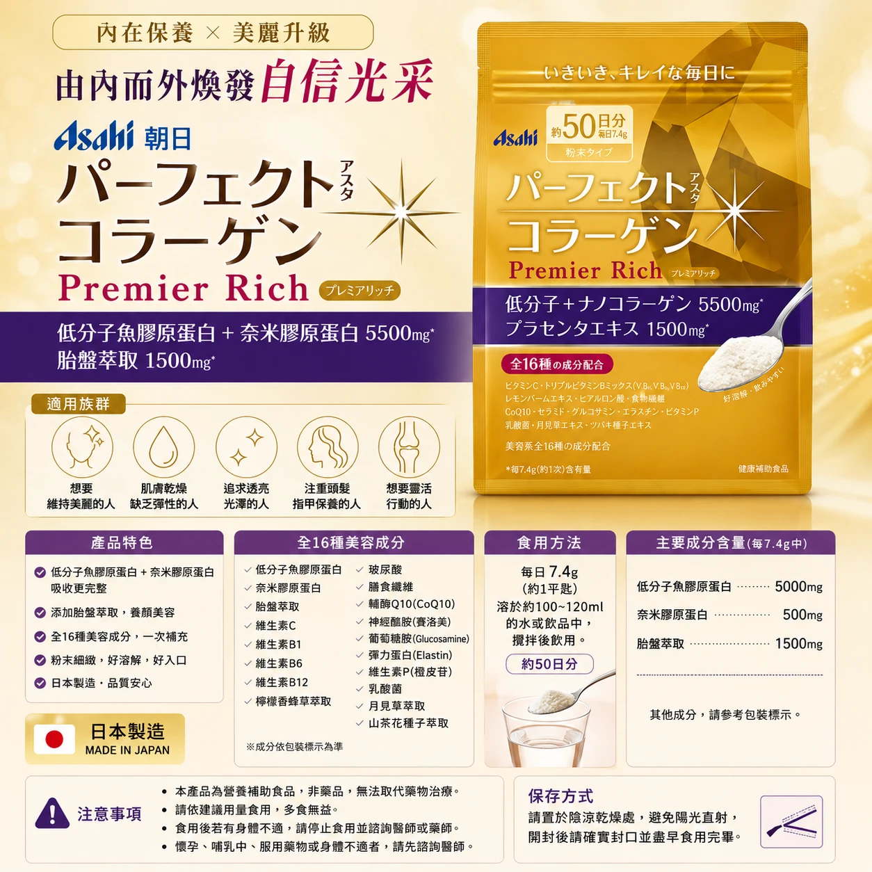 預購 日本新款 ASAHI朝日膠原蛋白 金色加強版50日 378g/包